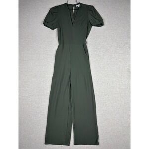Monteau Los Angeles Womens Olive Green V-Neck Puff Sleeve Wide Leg Jumpsuit S